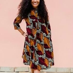 ZURI Just One Dress Kenya Button Front Leaf Botanical Swing A-line 100% Cotton S